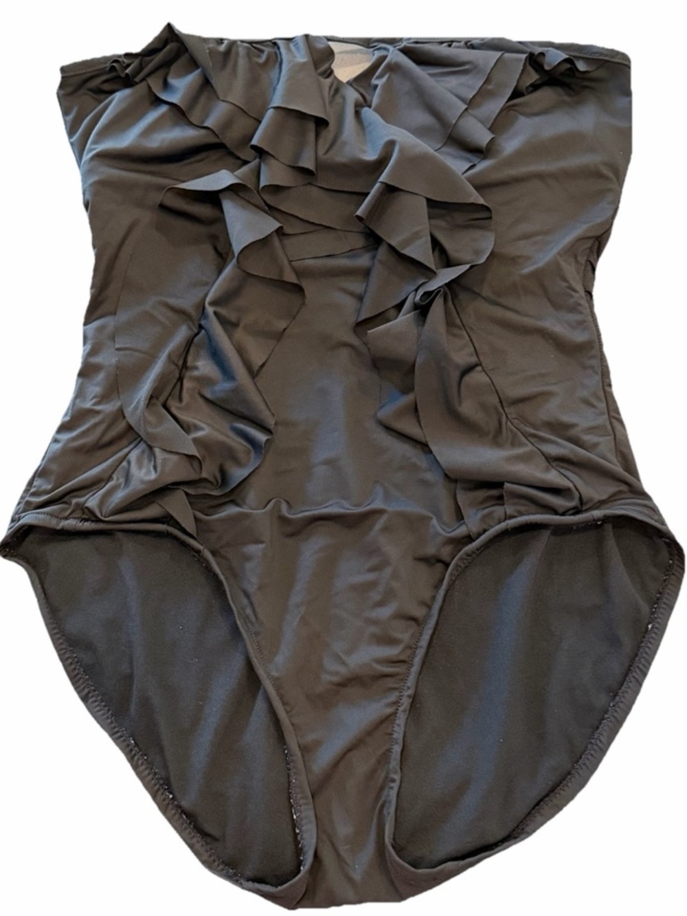 Elle Black Strapless One Piece Swimsuit Cascading Ruffles Classic Size 12 EUC